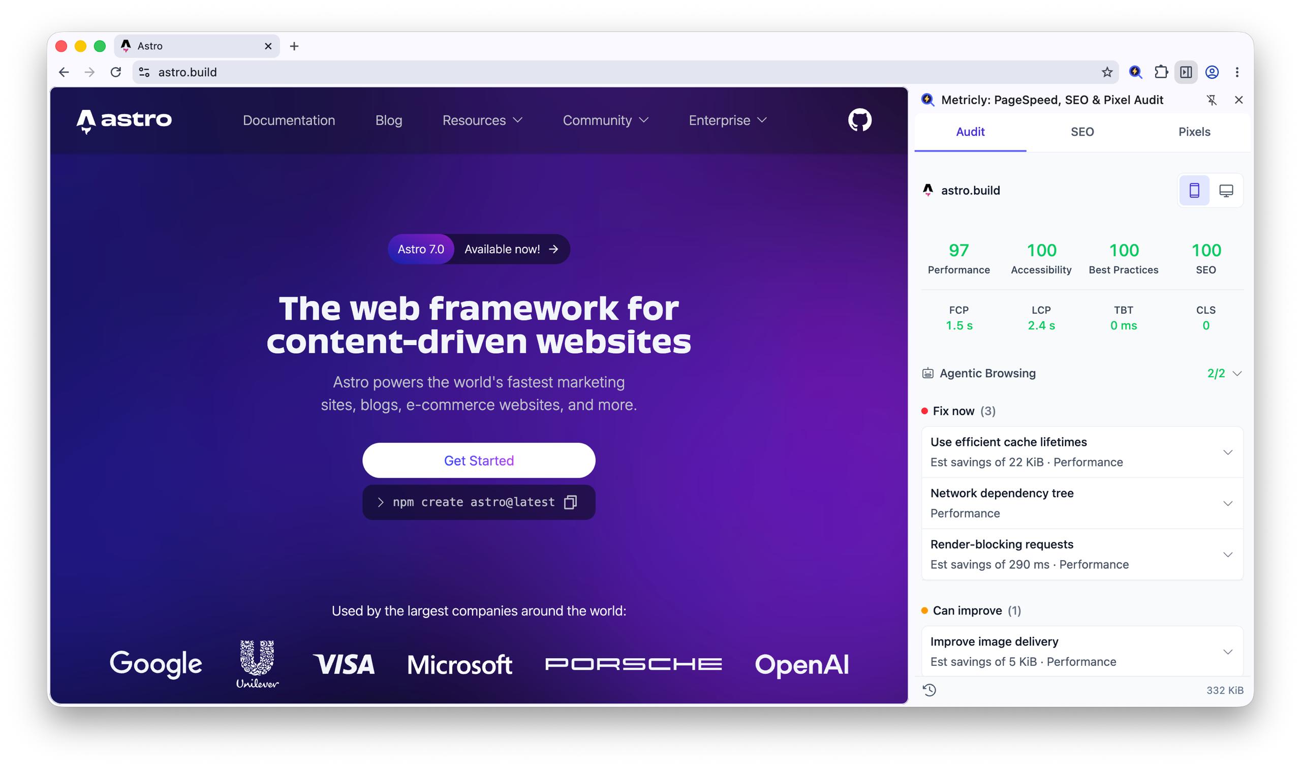 Metricly page speed and SEO audit